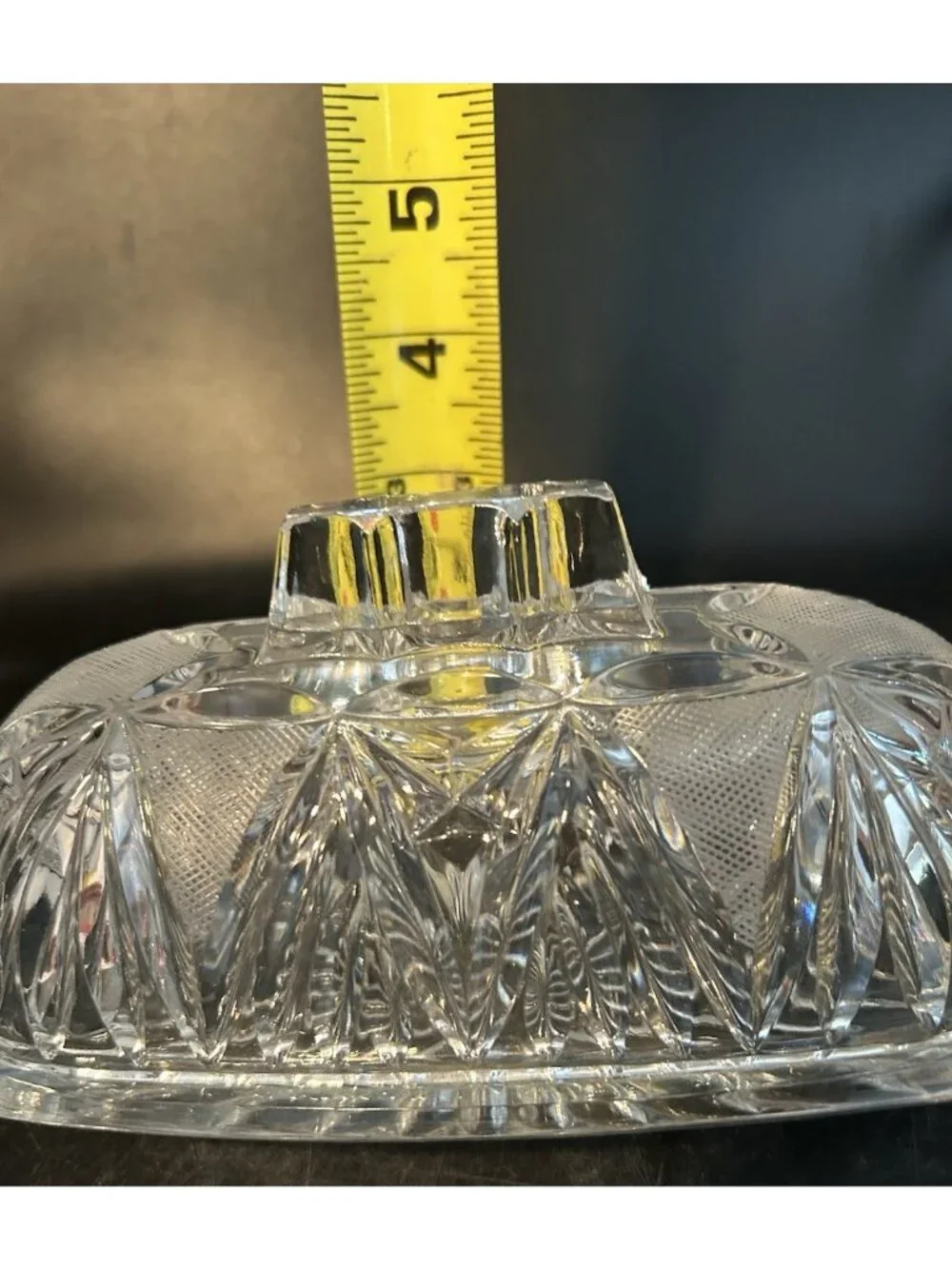 Vintage Cut Crystal Covered Butter Dish Handled Fan Diamond Star Design
